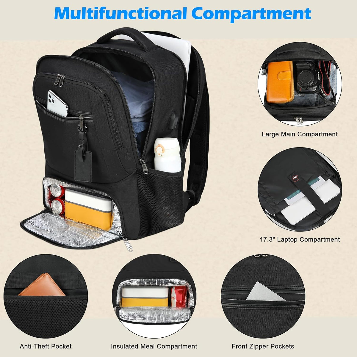 Backpack Insulated Lunch Compartment USB Charging TSA Friendly