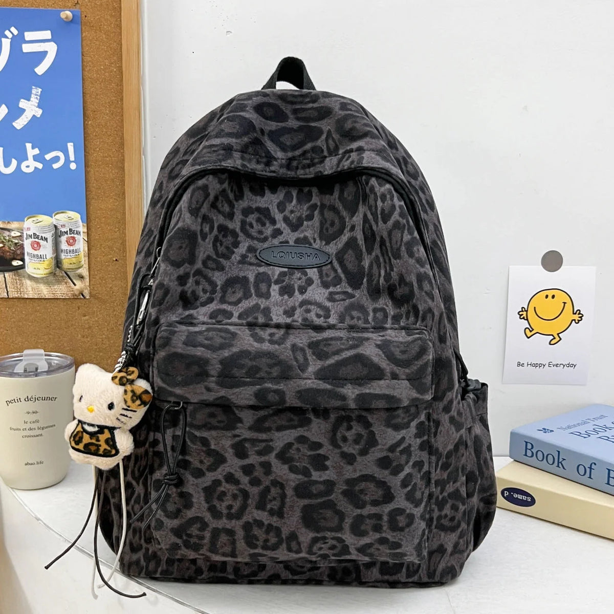 Backpack Leopard Print Adjustable Straps Front Pocket