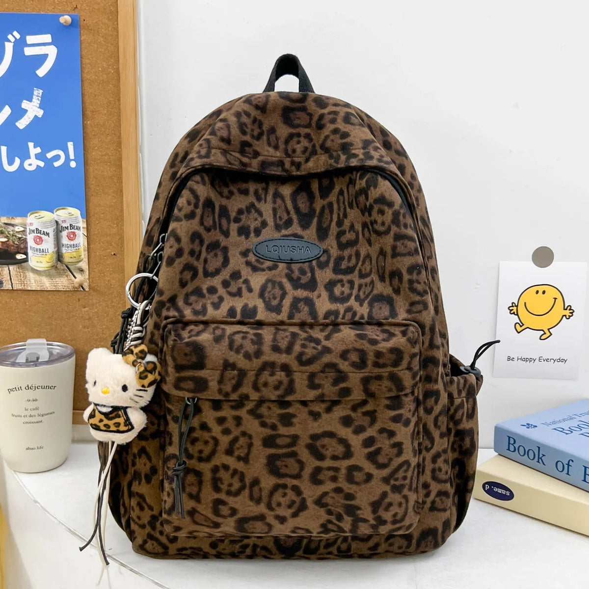 Backpack Leopard Print Adjustable Straps Front Pocket