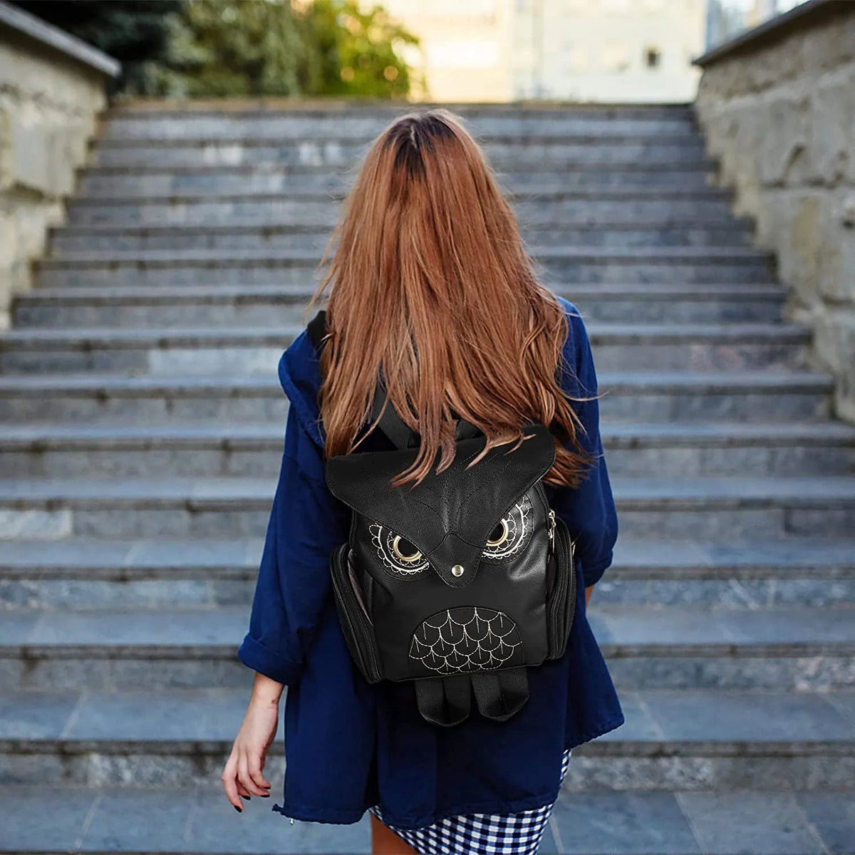 Backpack PU Leather Multi-Pocket Owl Print