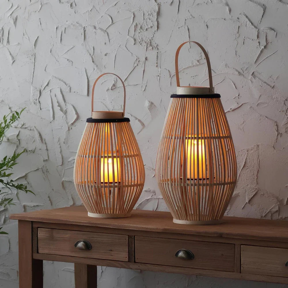 Bamboo Lantern Handwoven Cordless Warm LED