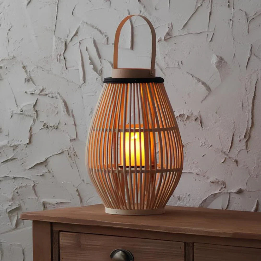 Bamboo Lantern Handwoven Cordless Warm LED