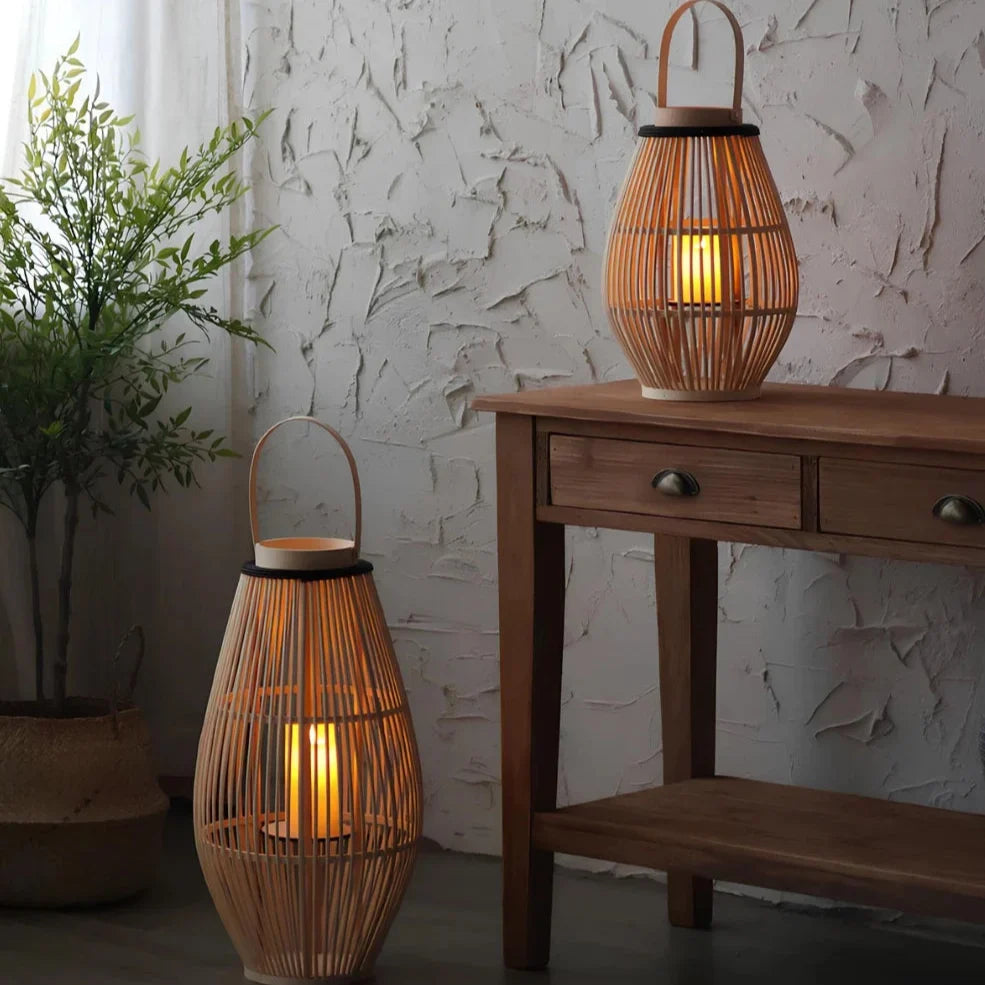 Bamboo Lantern Handwoven Cordless Warm LED