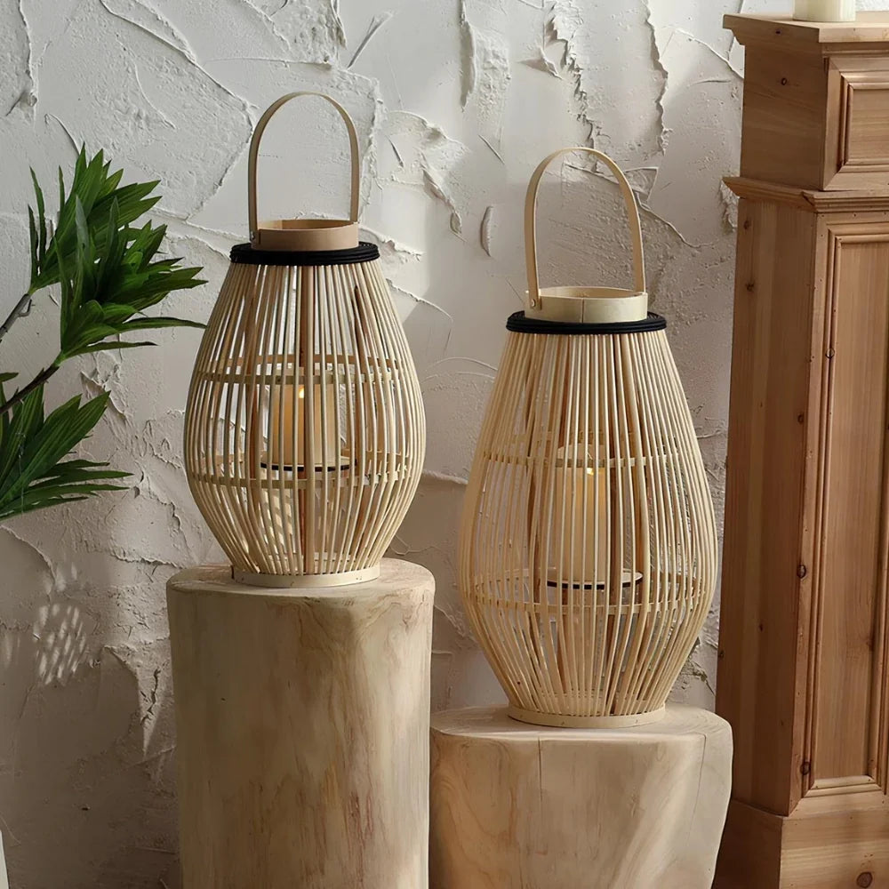 Bamboo Lantern Handwoven Cordless Warm LED