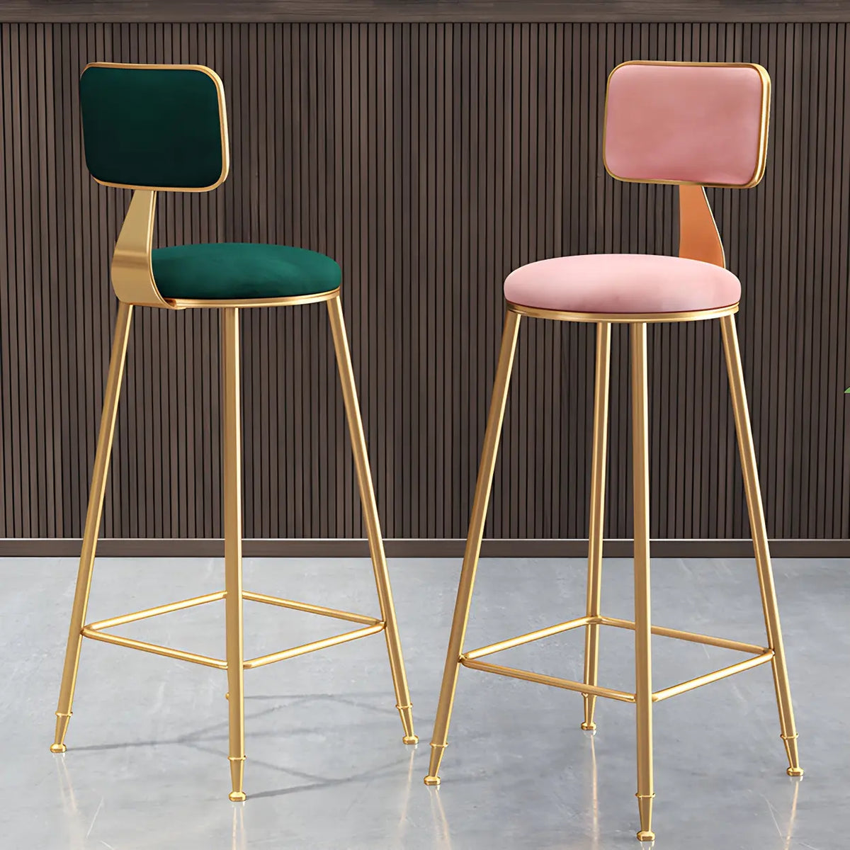 Bar Stool Velvet Upholstery Gold Frame Backrest & Footrest