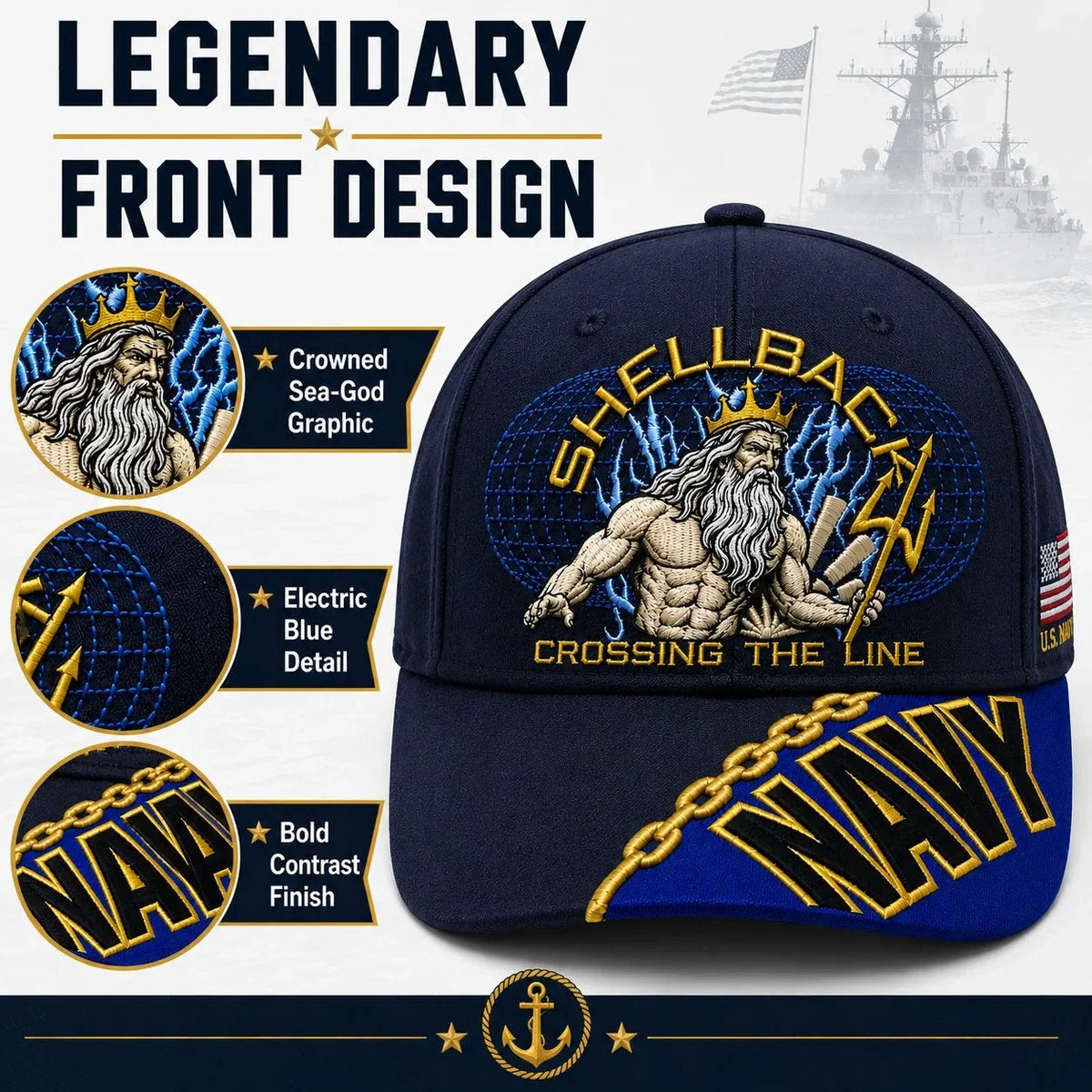Baseball Cap Navy Adjustable Gold Chain Detail