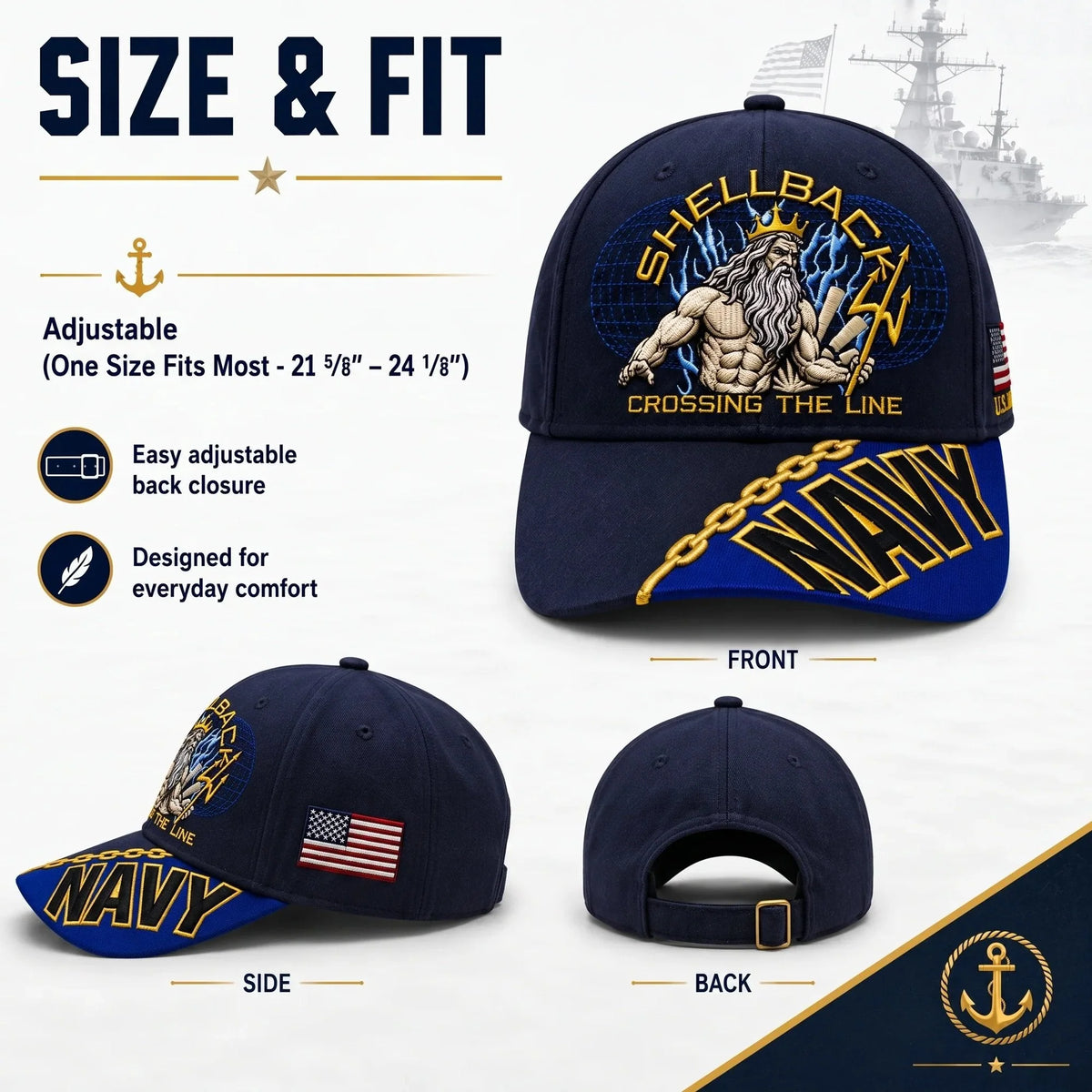 Baseball Cap Navy Adjustable Gold Chain Detail
