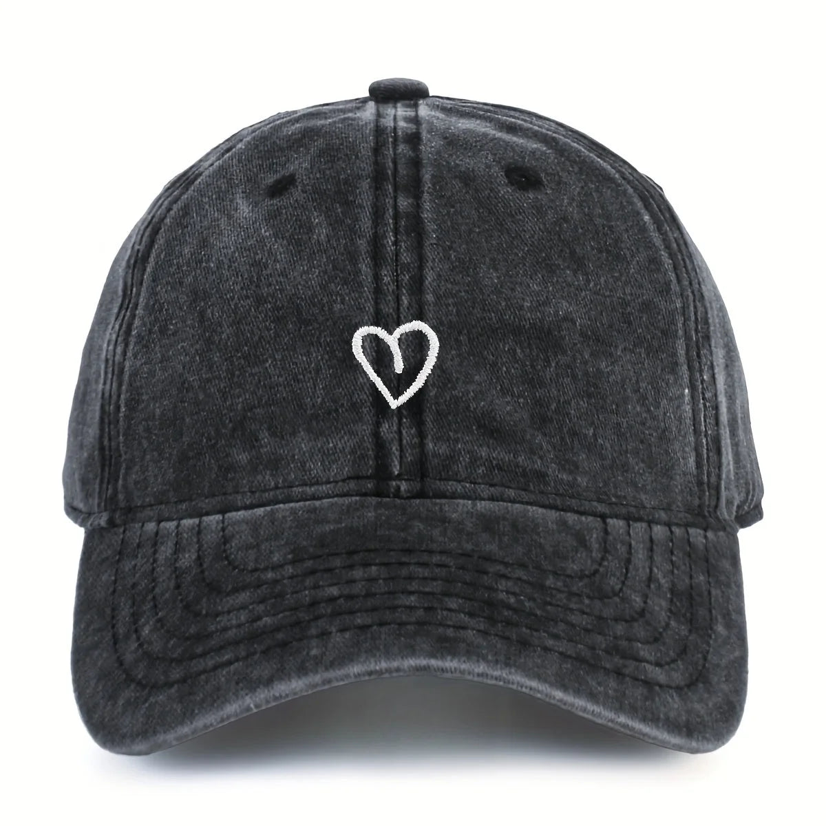 Baseball Cap Washed Cotton Heart Embroidery Adjustable Fit
