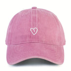 Baseball Cap Washed Cotton Heart Embroidery Adjustable Fit