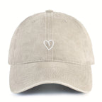 Baseball Cap Washed Cotton Heart Embroidery Adjustable Fit