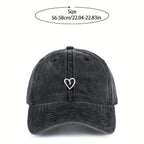 Baseball Cap Washed Cotton Heart Embroidery Adjustable Fit