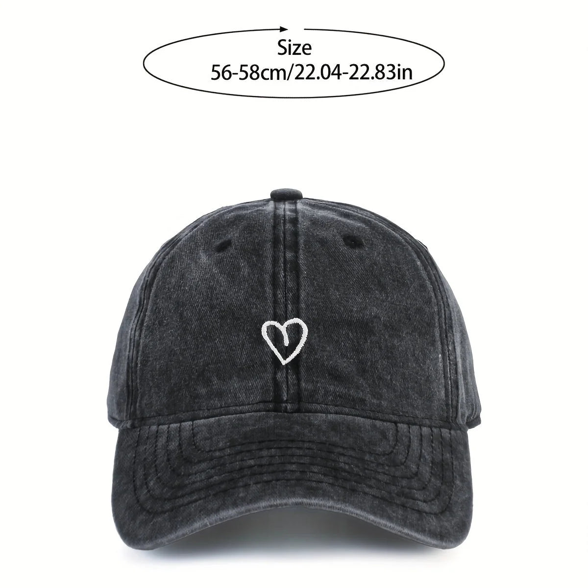 Baseball Cap Washed Cotton Heart Embroidery Adjustable Fit