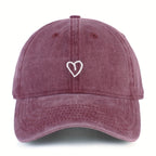 Baseball Cap Washed Cotton Heart Embroidery Adjustable Fit