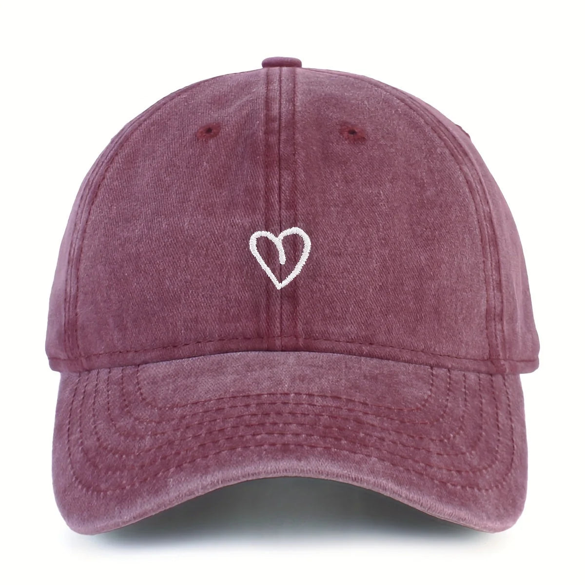 Baseball Cap Washed Cotton Heart Embroidery Adjustable Fit