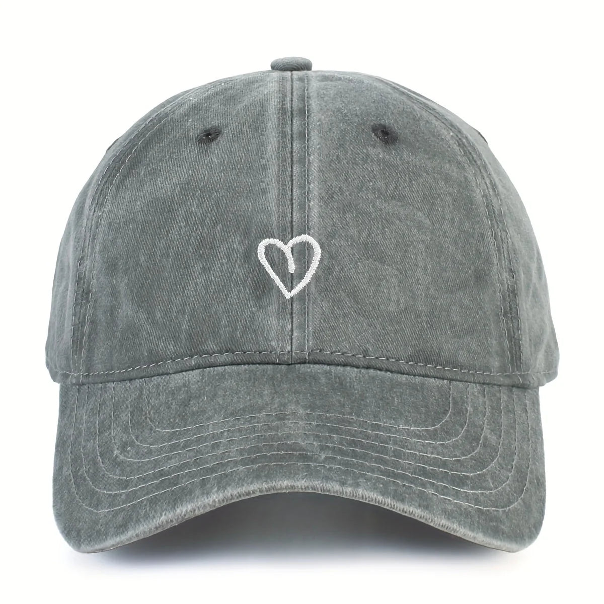 Baseball Cap Washed Cotton Heart Embroidery Adjustable Fit