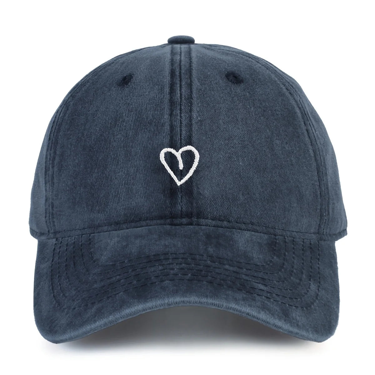 Baseball Cap Washed Cotton Heart Embroidery Adjustable Fit