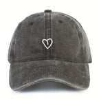 Baseball Cap Washed Cotton Heart Embroidery Adjustable Fit