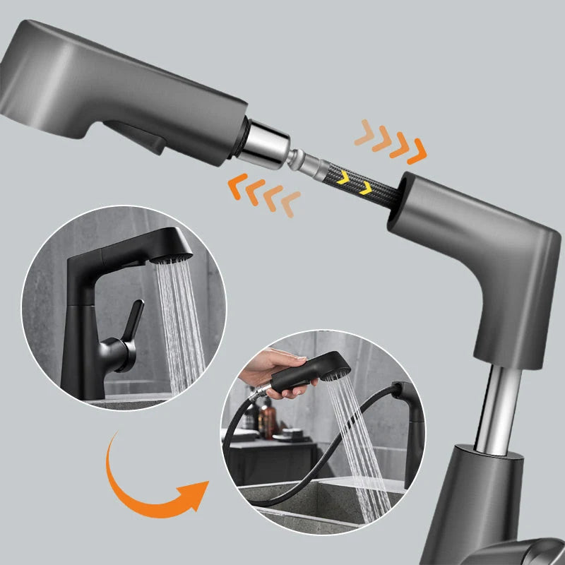 Basin Faucet Pull-Out Spray Dual Modes 360° Swivel