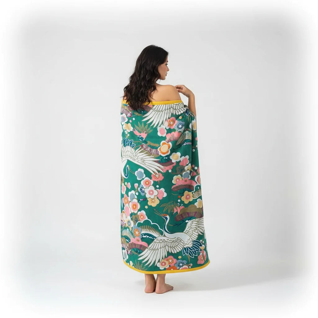 Bath Towel Crane & Floral Print 100% Cotton Quick-Drying