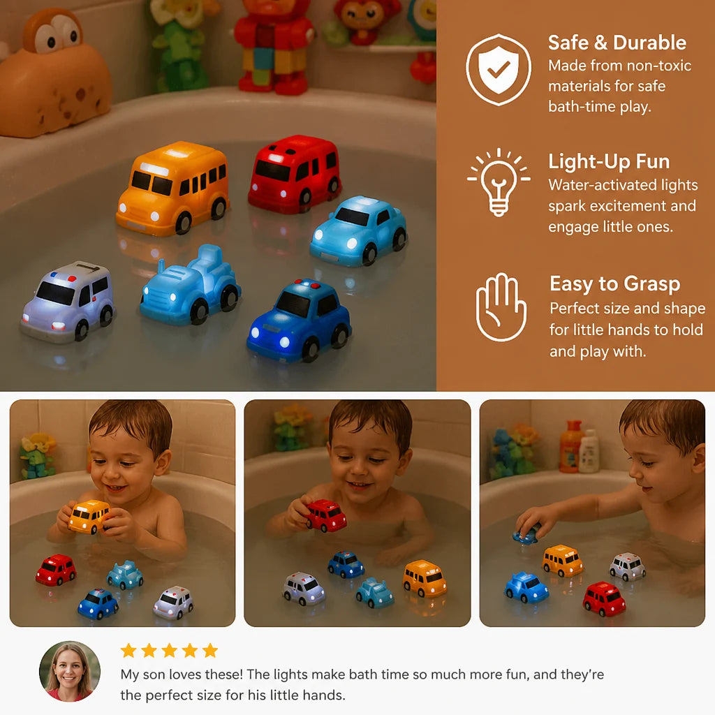 Bath Toy Cars Water-Activated Glow Multiple Shapes