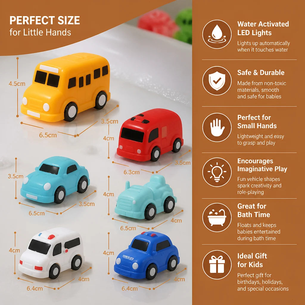 Bath Toy Cars Water-Activated Glow Multiple Shapes