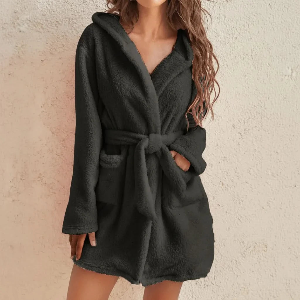 Bathrobe Hooded Soft Fleece Belted