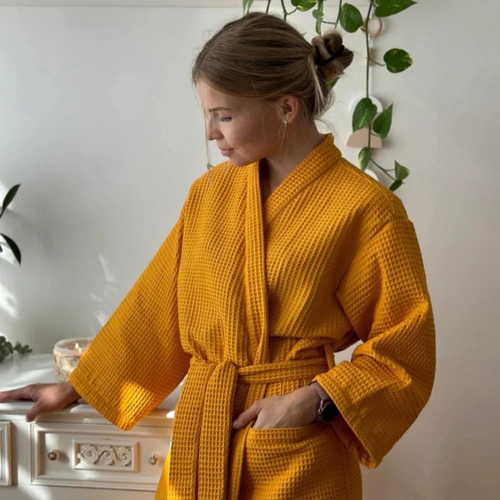Bathrobe Waffle Texture 100% Cotton Adjustable Waistband