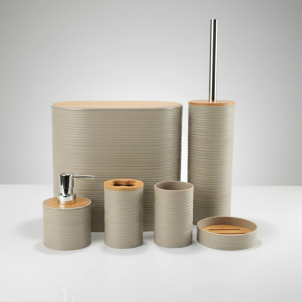 Bathroom Accessory Set Bamboo Accents 6-Piece Easy-Clean