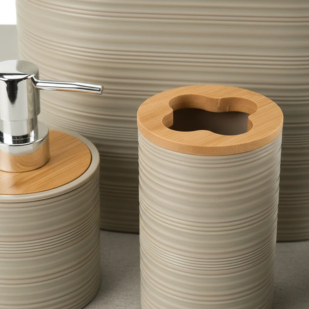 Bathroom Accessory Set Bamboo Accents 6-Piece Easy-Clean