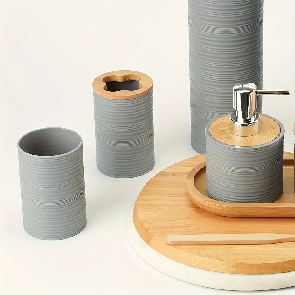 Bathroom Accessory Set Bamboo Accents 6-Piece Easy-Clean