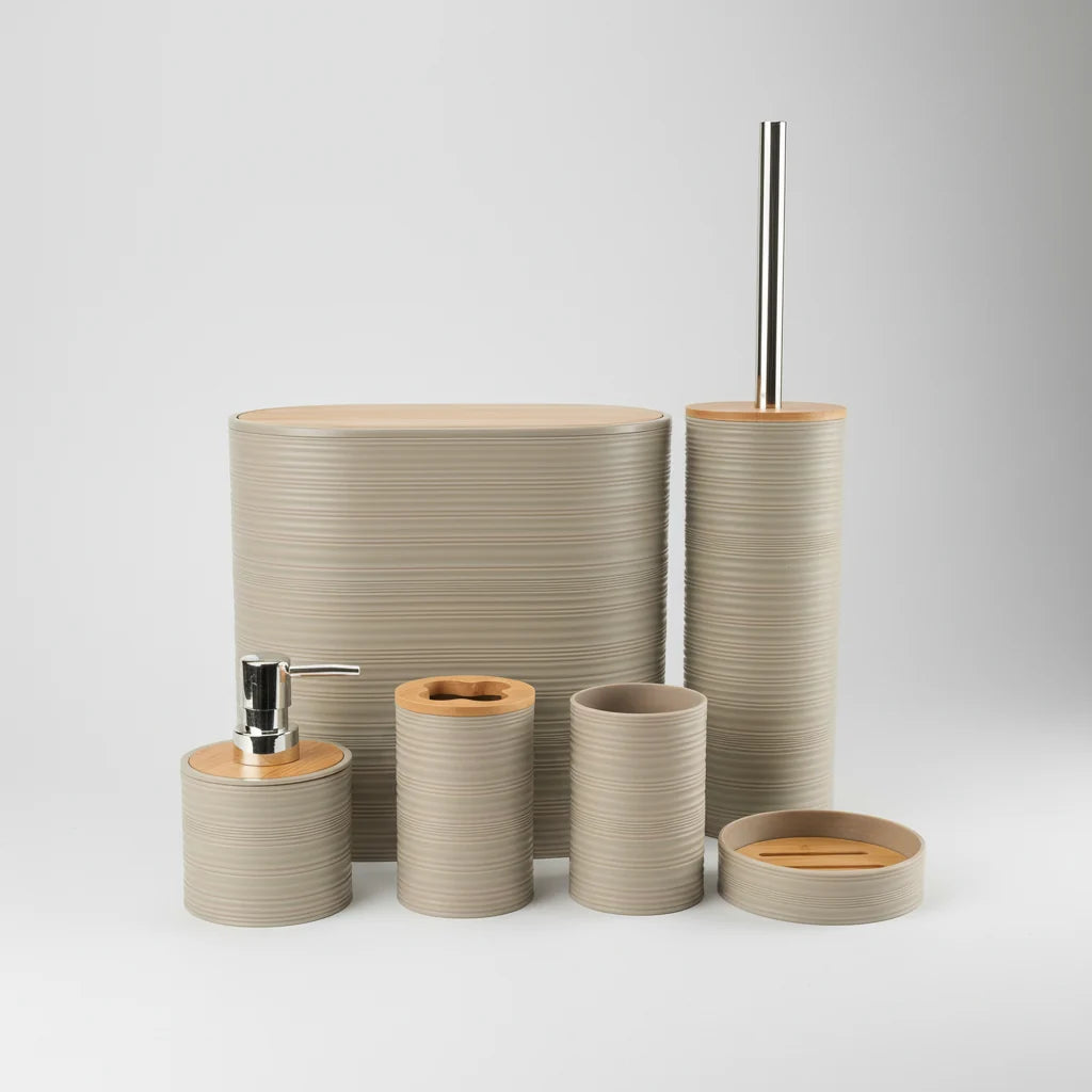 Bathroom Accessory Set Bamboo Accents 6-Piece Easy-Clean