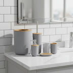 Bathroom Accessory Set Matte Bamboo Accents Easy-Clean