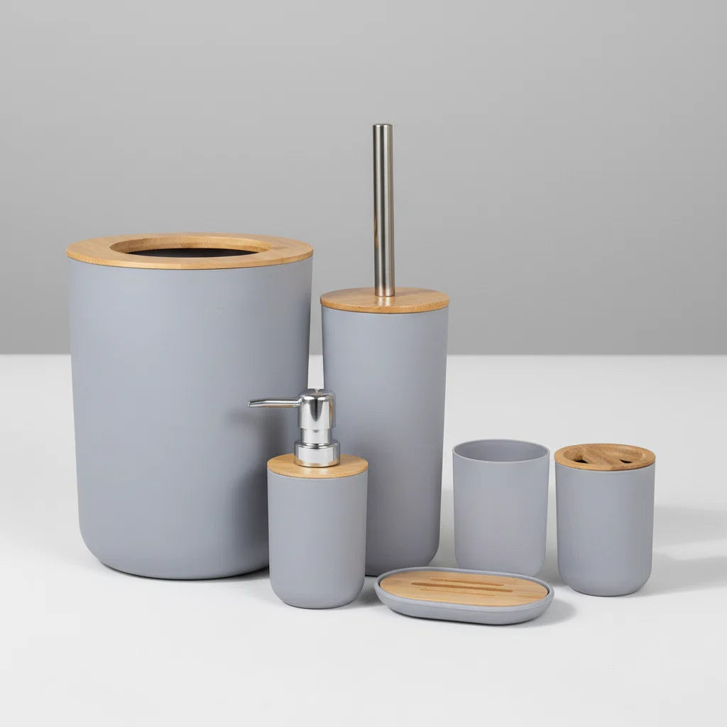 Bathroom Accessory Set Matte Bamboo Accents Easy-Clean