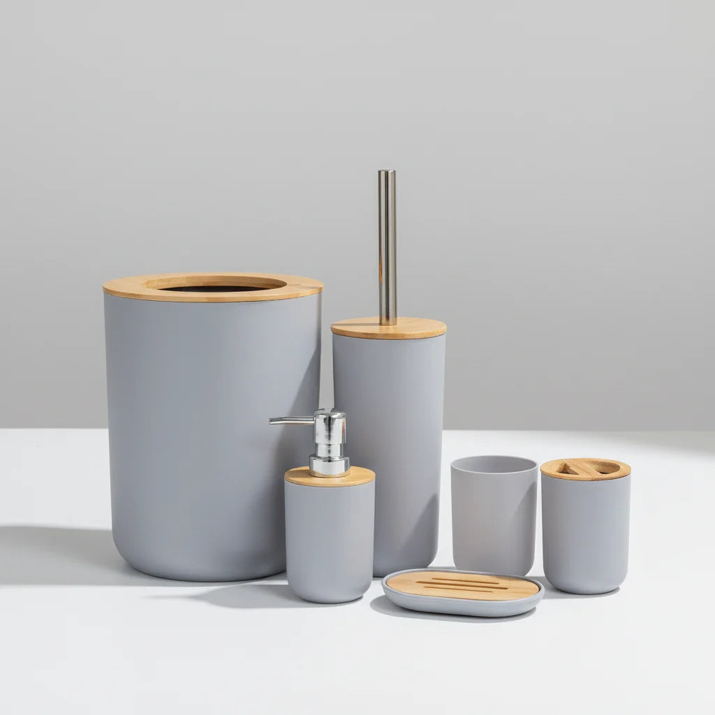 Bathroom Accessory Set Matte Bamboo Accents Easy-Clean