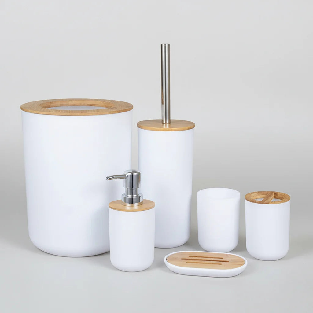 Bathroom Accessory Set Matte Bamboo Accents Easy-Clean
