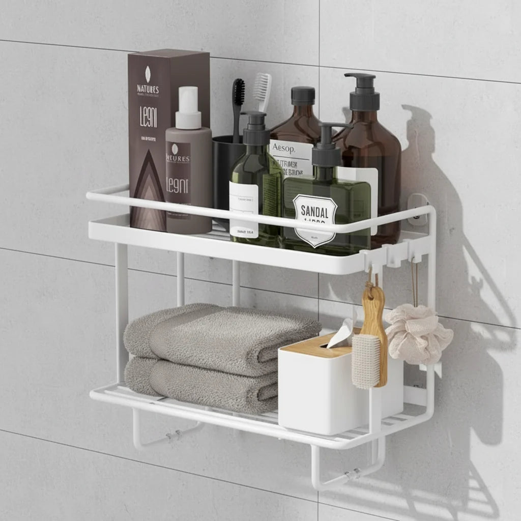 Bathroom Shelf Two-Tier Wrought Iron Suction Mount