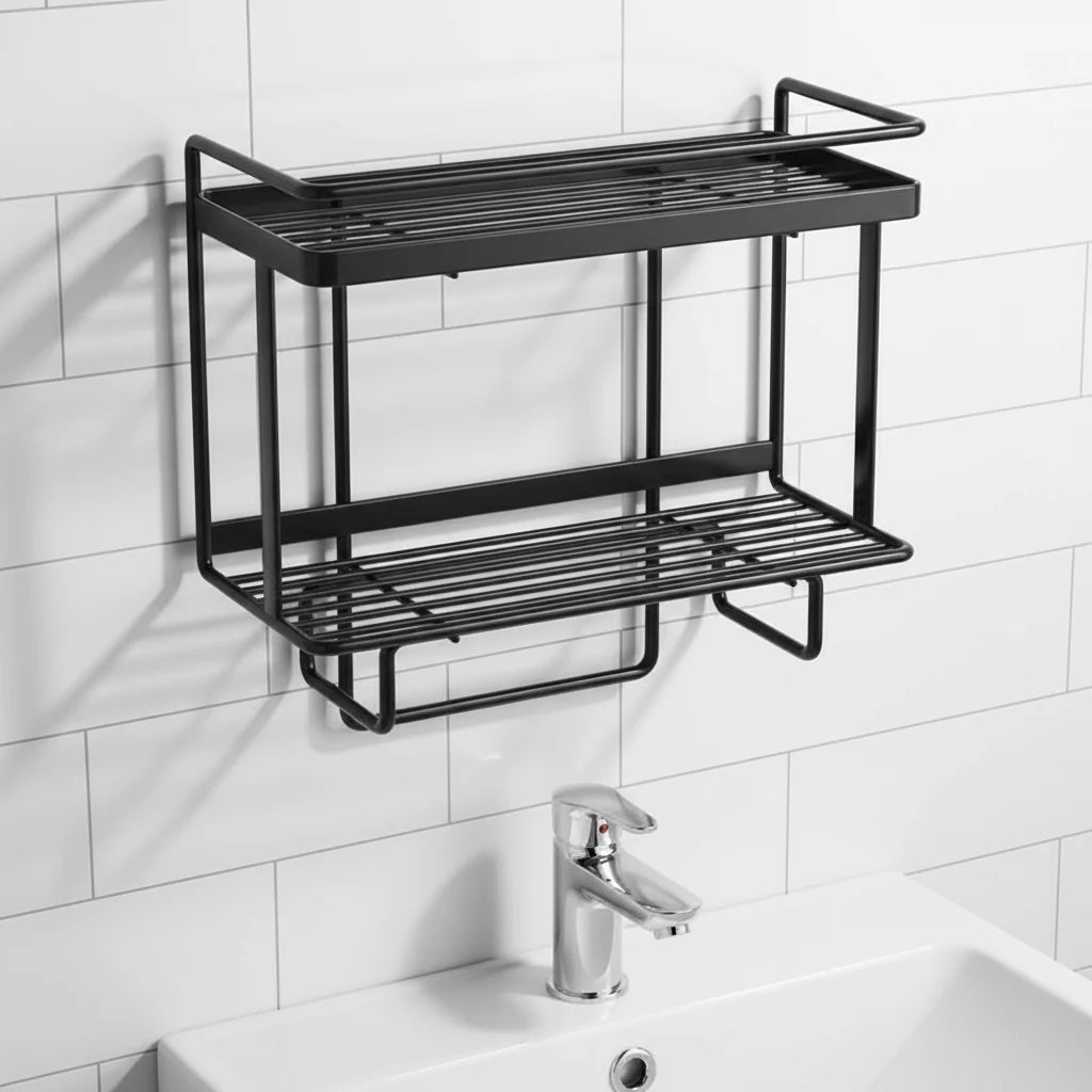 Bathroom Shelf Two-Tier Wrought Iron Suction Mount