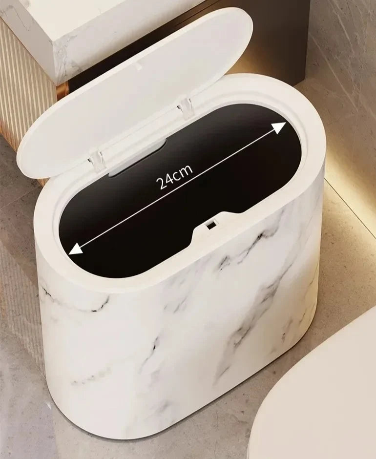Bathroom Trash Can Space-Saving Marble Pattern Push-Button Lid