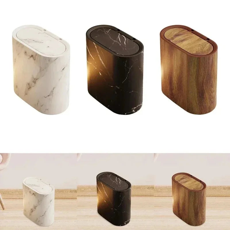 Bathroom Trash Can Space-Saving Marble Pattern Push-Button Lid