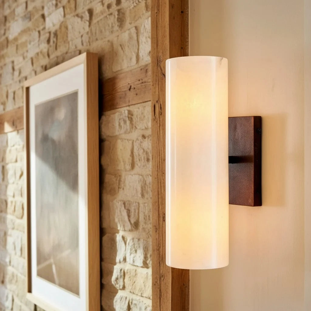 Bathroom Wall Lamp Hardwired Shadow-Free Alabaster & Ribbed Glass