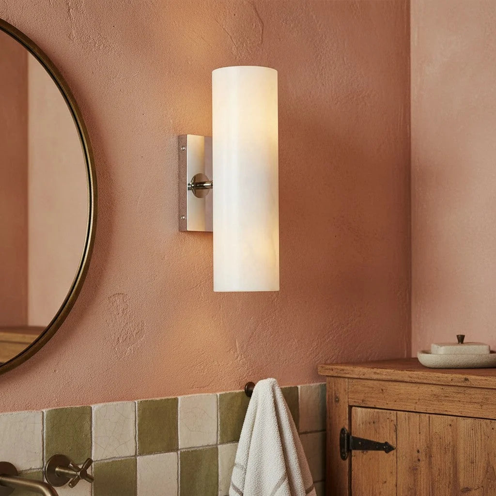 Bathroom Wall Lamp Hardwired Shadow-Free Alabaster & Ribbed Glass