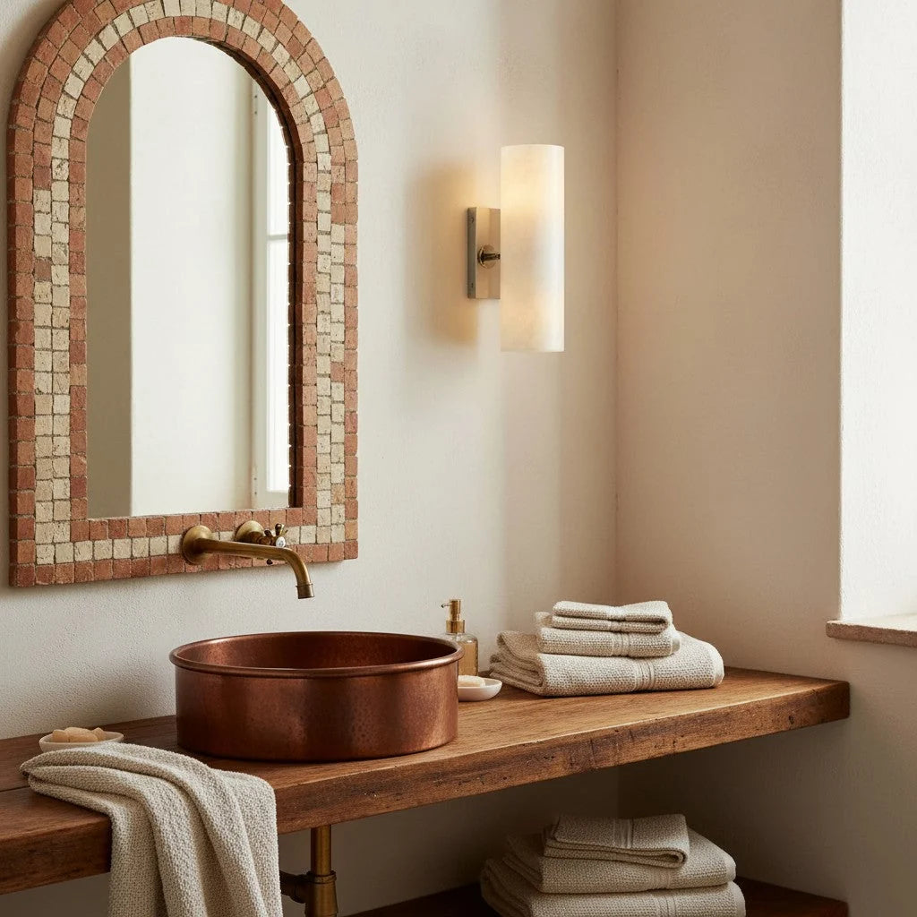 Bathroom Wall Lamp Hardwired Shadow-Free Alabaster & Ribbed Glass