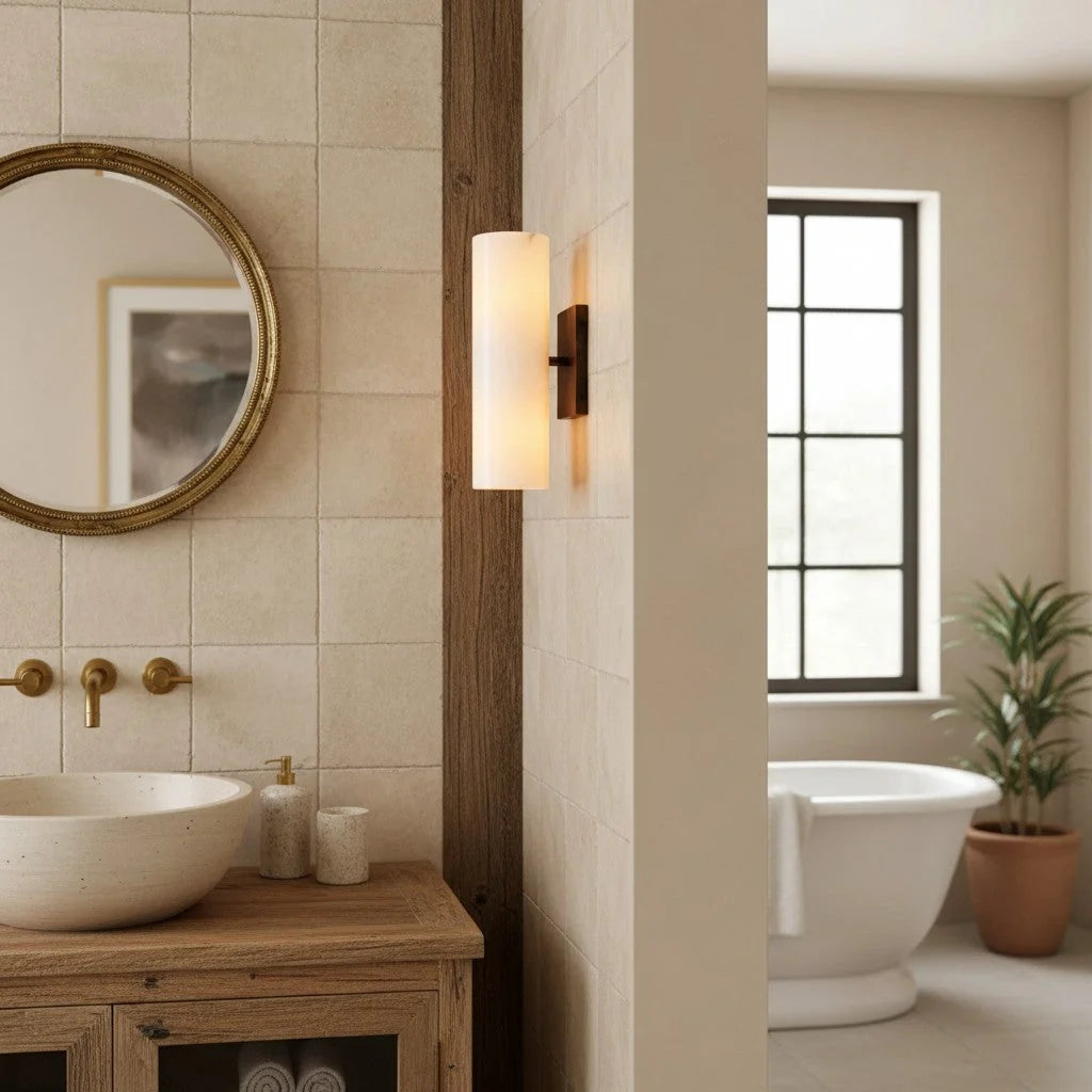 Bathroom Wall Lamp Hardwired Shadow-Free Alabaster & Ribbed Glass