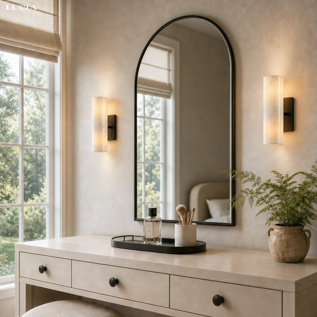 Bathroom Wall Lamp Hardwired Shadow-Free Alabaster & Ribbed Glass