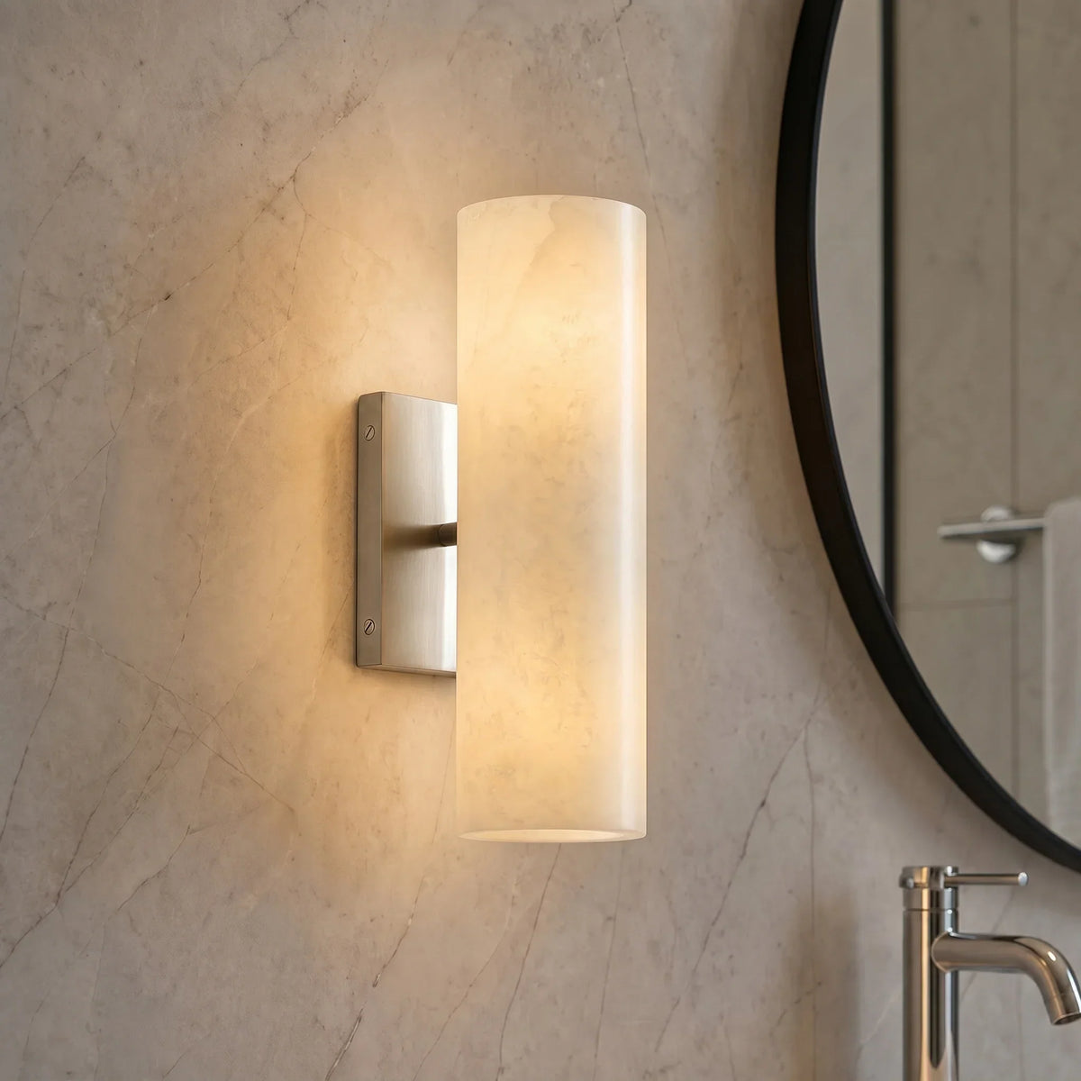Bathroom Wall Lamp Hardwired Shadow-Free Alabaster & Ribbed Glass