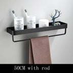 Bathroom Wall Shelf Black Aluminum Optional Hooks & Towel Rod