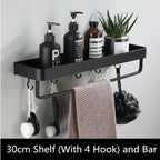 Bathroom Wall Shelf Black Aluminum Optional Hooks & Towel Rod