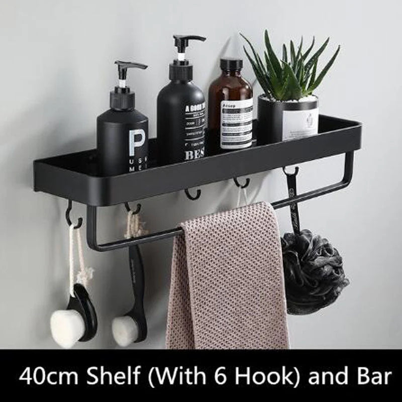 Bathroom Wall Shelf Black Aluminum Optional Hooks & Towel Rod
