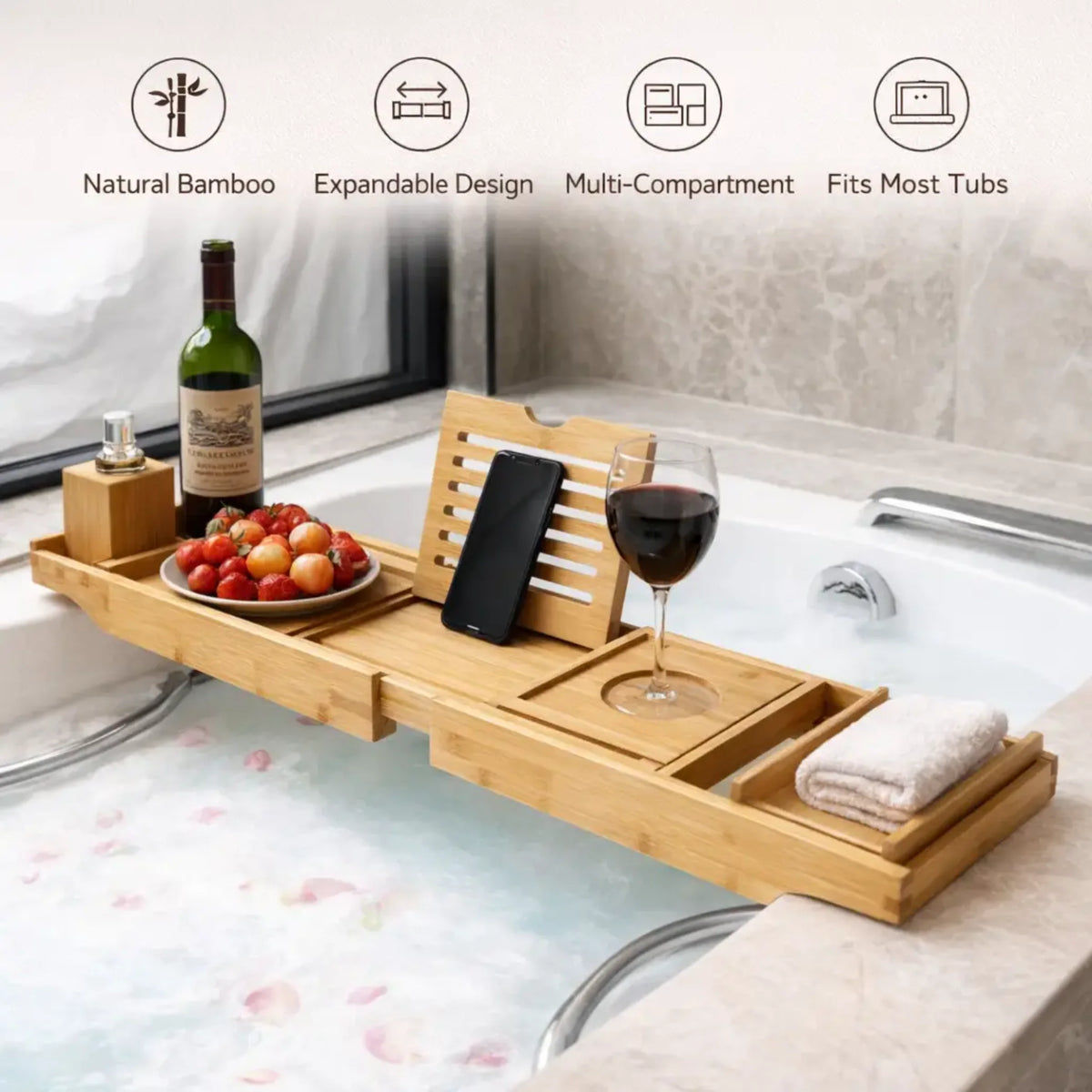 Bathtub Tray Expandable Bamboo Tablet & Drink Slots