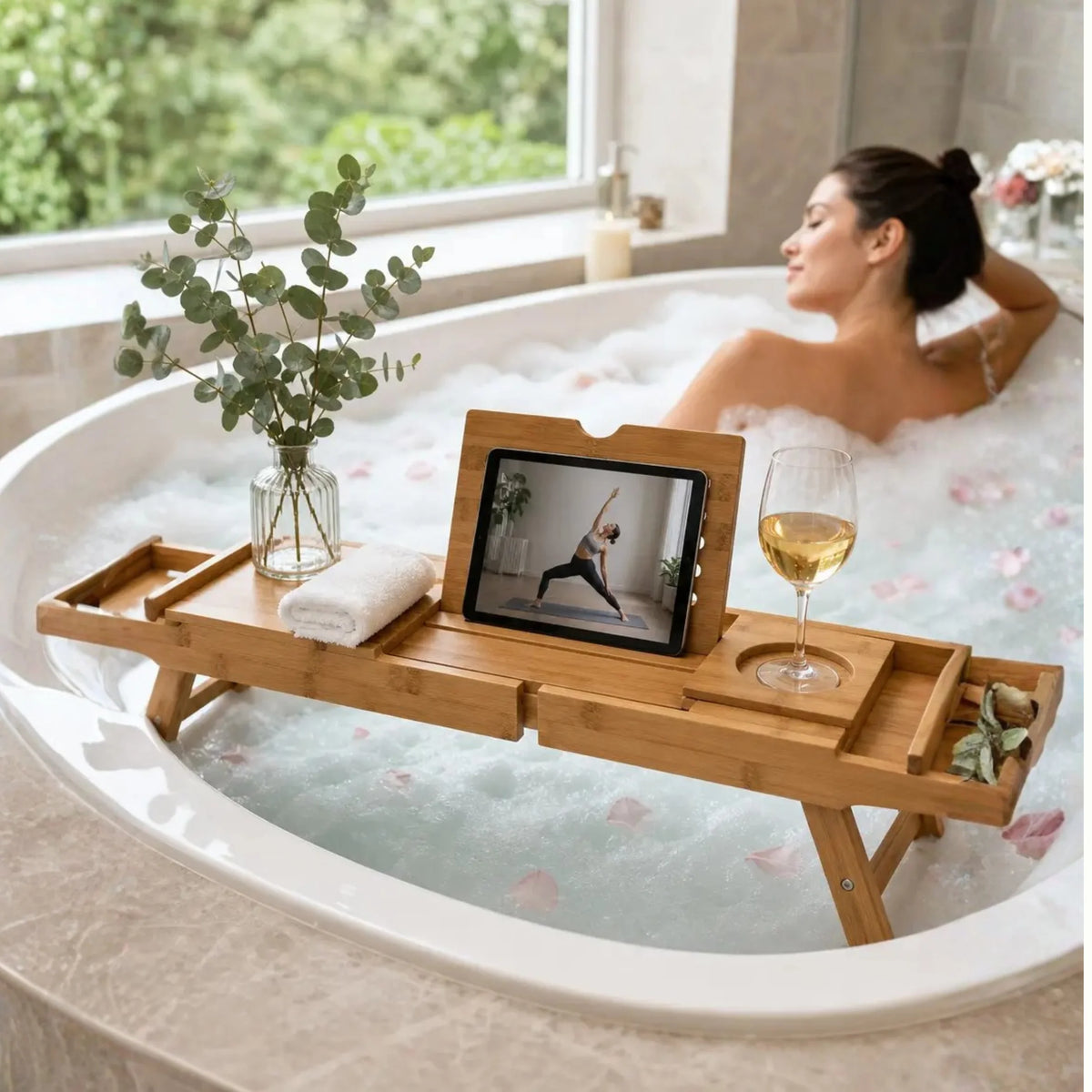 Bathtub Tray Expandable Bamboo Tablet & Drink Slots